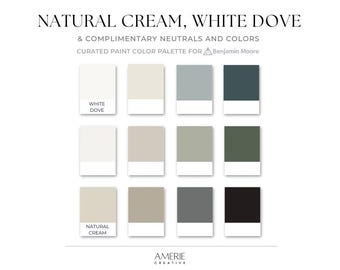 Natural Cream White Dove Benjamin Moore paint color palette whole house paint color scheme warm neutral paint color 2025 blue gray green