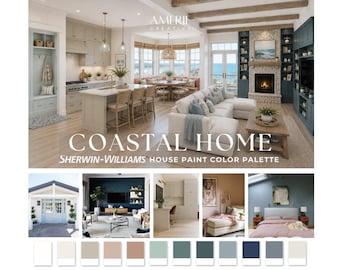 Paleta de cores para casa costeira: paleta de cores de tinta Sherwin Williams para casa de praia, cabana e lago, esquema de cores para casa de praia, tons neutros quentes, cinza-bege, azul escuro, azul marinho e verde-azulado.