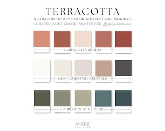 TerraCotta Benjamin Moore paint color palette Terra cotta teal dark olive green whole house paint color scheme modern earthy warm neutral