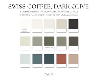 Swiss Coffee Benjamin Moore Dark Olive Green Whole house paint color palette earthy neutral warm neutral white greige terracotta rust 2025