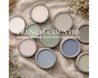 Französische Farbpalette für Hausanstriche (Sherwin Williams): Warme, neutrale Farben in Weiß, Creme, Greige, Staubblau, Grau und Grün.