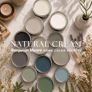 May include: An assortment of paint tins in cream, grey, and blue hues, arranged on a textured surface. The text "NATURAL CREAM" and "Benjamin Moore HOME COLOR PALETTE" are visible. Decorative items include a candle, vase, and dried flowers.