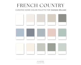 Französisches Landhaus Sherwin Williams Farbe Farbpalette Ganzes Haus malen Farbschema warm neutral weiß creme greige blau grau grün rosa