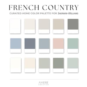 French Country House Sherwin Williams paint color palette Whole home paint color scheme warm neutral white cream greige blue gray green pink