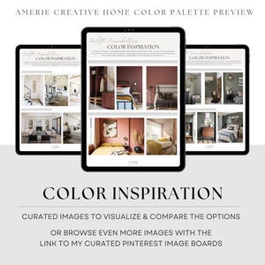 May include: Three black tablets displaying interior design color palettes. The tablets show images of rooms with various color schemes. Text on the tablets reads "Color Inspiration" and "Curated images to visualize & compare the options."