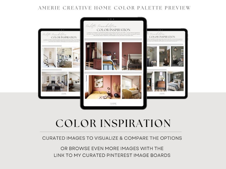 May include: Three black tablets displaying interior design color palettes. The tablets show images of rooms with various color schemes. Text on the tablets reads "Color Inspiration" and "Curated images to visualize & compare the options."