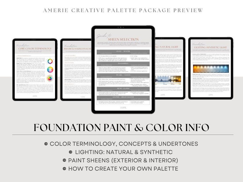 May include: A preview of the Amerie Creative Palette Package, featuring five black tablets displaying information on color terminology, lighting, paint sheens, and palette creation. The text "FOUNDATION PAINT & COLOR INFO" is displayed below the tablets.