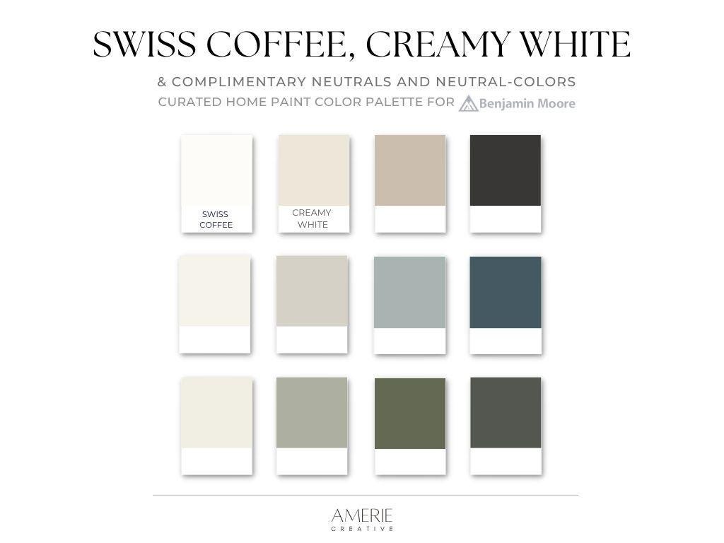 Swiss Coffee Benjamin Moore Paint Color Palette Creamy White house paint color scheme whole home warm neutral dark green gray blue black