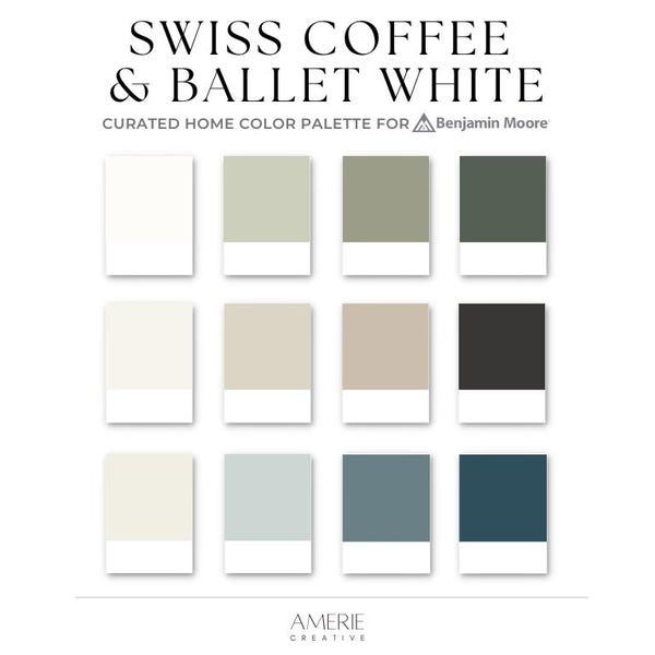 Swiss Coffee Benjamin Moore Paint Palette Ballet White | Whole home paint color palette cream greige olive green warm neutral paint colors