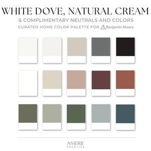 White Dove Natural Cream Benjamin Moore paint color palette whole house paint color scheme warm neutral paint colors 2025 green gray blue