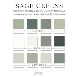 Sage Green Benjamin Moore paint palette | Whole house paint color scheme earthy neutral paint colors dark green grey green gray green paint