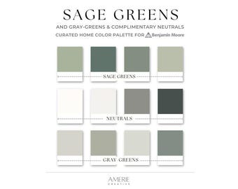 Paleta de colores verde salvia de Benjamin Moore / Esquema de color de pintura para toda la casa, colores de pintura neutros terrosos, verde oscuro, verde grisáceo, verde grisáceo