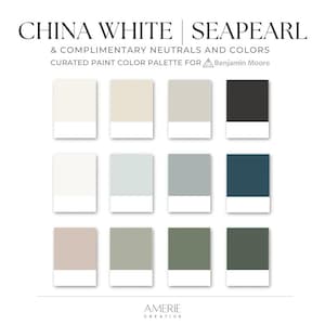 China White Benjamin Moore paint palette Seapearl Whole house paint color scheme modern farmhouse cozy warm neutral home greige grey green