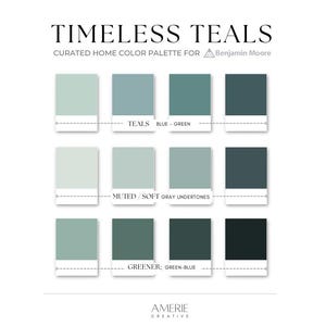 Teal Blue Green Benjamin Moore Paint Color Palette Cabin modern coastal house paint color scheme accent paint colors dark green blue gray