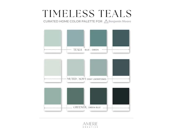 Timeless Blue Green Paint Color Palette | Benjamin Moore light & dark classic modern teal aqua accent house home colour | AMERIE 2024
