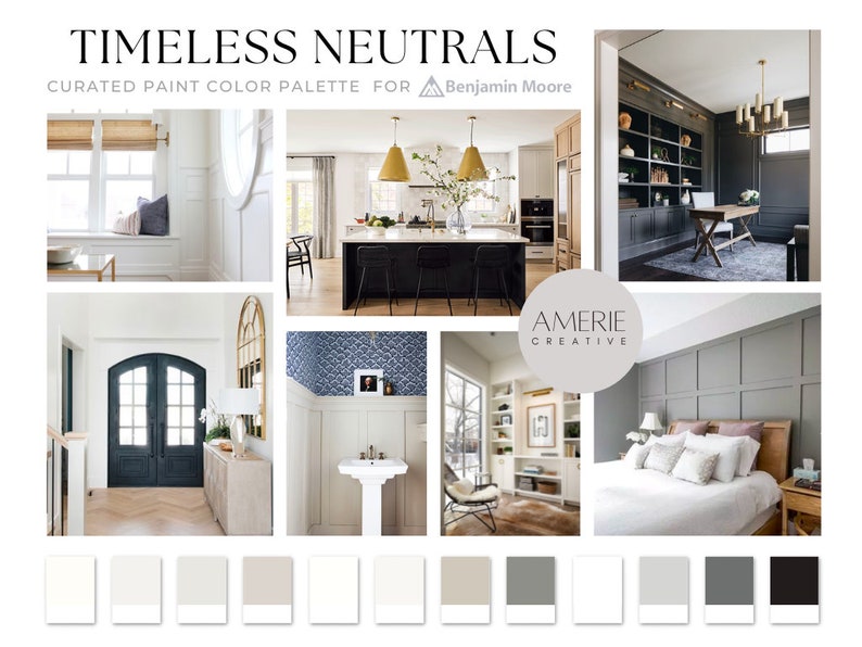 Classic modern Neutral Benjamin Moore Paint Color Palette house exterior door cabinet mcgee cloud white dove simply white, classic gray, chelsea gray, seapearl, Kendall charcoal, nightfall, onyx, gray owl, chantily lace, revere pewter, edgecomb gray