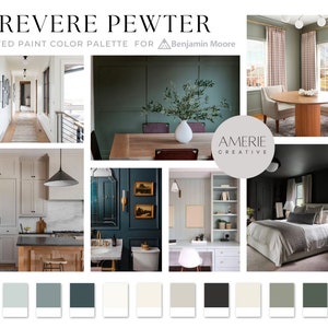 Revere Pewter HC-172  Benjamin Moore Paint color Palette house cabinet exterior warm grey gray greige classic blue green navy quiet moments brewster  narraganset seapearl china white dove ballet black beauty vintage vogue ashwood moss storm cloud