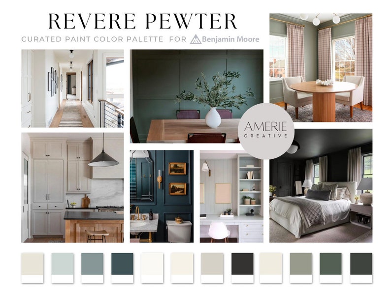 Revere Pewter HC-172  Benjamin Moore Paint color Palette house cabinet exterior warm grey gray greige classic blue green navy quiet moments brewster  narraganset seapearl china white dove ballet black beauty vintage vogue ashwood moss storm cloud