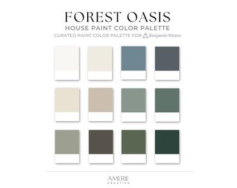 Peut inclure: Une palette de couleurs de peinture pour la maison présentant 9 nuances différentes de blanc, de gris et de vert. La palette est intitulée "Forest Oasis" et est conçue pour Benjamin Moore.