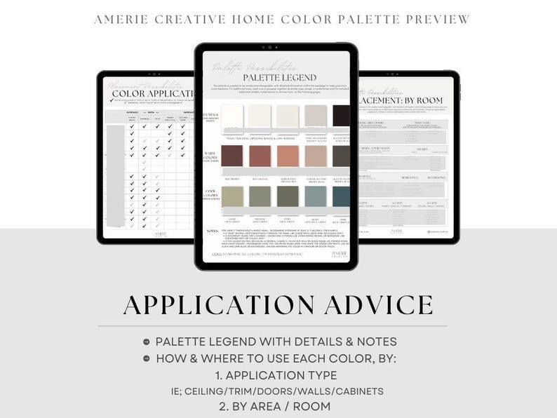 May include: Three black tablets displaying a home color palette preview. The central tablet shows a palette legend with color swatches. The tablets also show color application and placement advice. Text at the bottom reads "Application Advice."