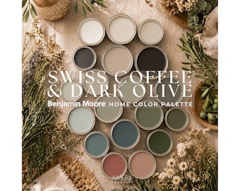 Swiss Coffee Benjamin Moore Dark Olive Green | Whole house paint color palette Olive Green Teal Terracotta paint Earthy neutral paint colors
