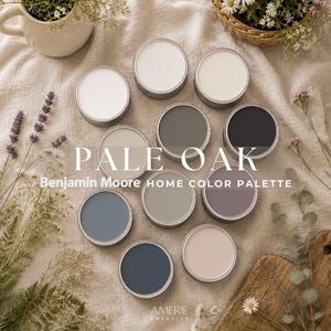 May include: A collection of paint samples in various neutral tones, arranged in a circular pattern. The image features the text "PALE OAK Benjamin Moore HOME COLOR PALETTE" and is surrounded by floral elements and a wooden cutting board.