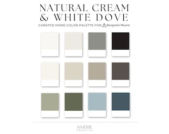 Paleta de colores de pintura Natural Cream de Benjamin Moore Esquema de colores de pintura para toda la casa Colores de pintura neutros cálidos Azul gris Verde Blanco paloma