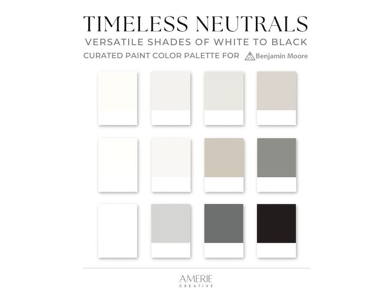 Classic modern Neutral Benjamin Moore Paint Color Palette house exterior door cabinet mcgee cloud white dove simply white, classic gray, chelsea gray, seapearl, Kendall charcoal, nightfall, onyx, gray owl, chantily lace, revere pewter, edgecomb gray