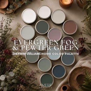 May include: A collection of circular paint sample containers in various shades of green, blue, gray, white, and brown. The text reads EVERGREEN FOG & PEWTER GREEN SHERWIN-WILLIAMS HOME COLOR PALETTE and AMERIE CREATIVE. The containers are arranged in a cluster.