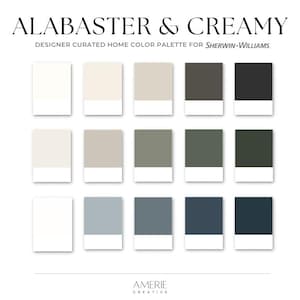 Palette di colori per vernice cremosa Alabaster Sherwin Williams, schema di colori per vernice bianca calda per la casa, colori per vernice neutri caldi per l'esterno e l'interno della casa