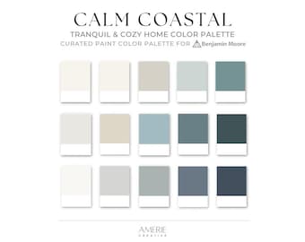 Calm Coastal Home Color Palette Benjamin Moore paint palette cabin lake house paint color scheme warm neutral gray blue green navy teal