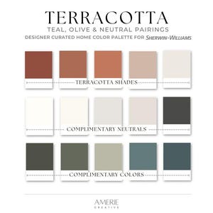 TerraCotta Paint Color Palette Sherwin Williams paint palette Terra cotta Teal Olive house paint color scheme earthy neutral boho hacienda