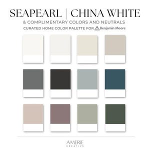 China White Benjamin Moore paint palette Seapearl Whole house paint color scheme cozy warm neutral home paint colors 2026 greige grey green