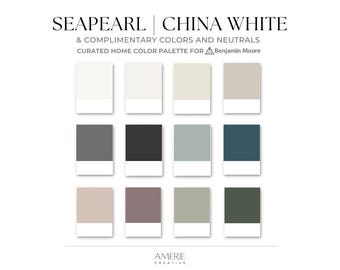 China White Benjamin Moore paint palette Seapearl Whole house paint color scheme cozy warm neutral home paint colors 2026 greige grey green