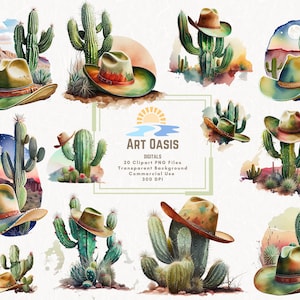 Lot de 20 cliparts aquarelle cactus chapeau de cowboy - fond Transparent - téléchargement numérique PNG graphiques - Western - usage Commercial