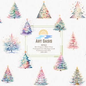 Aquarell Pastell Weihnachtsbaum Rosa niedlich bunt Clipart Bundle von 20 transparenten Hintergrund digitaler Download PNG Grafiken kommerzielle