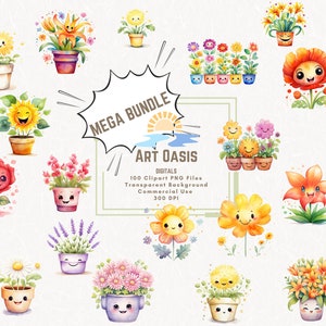 Watercolor Cute Colorful Cartoon Chibi Flower Floral Mega Bundle of 100 Transparent Background Digital Download PNG Graphics Commercial Use