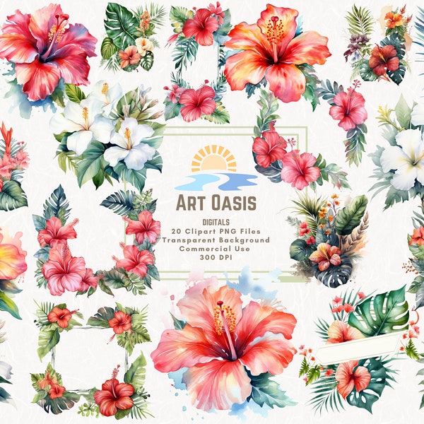 Watercolor Tropical Flower Frame Floral Border Clipart Bundle of 20 Transparent Background Digital Download PNG Graphics Commercial Use