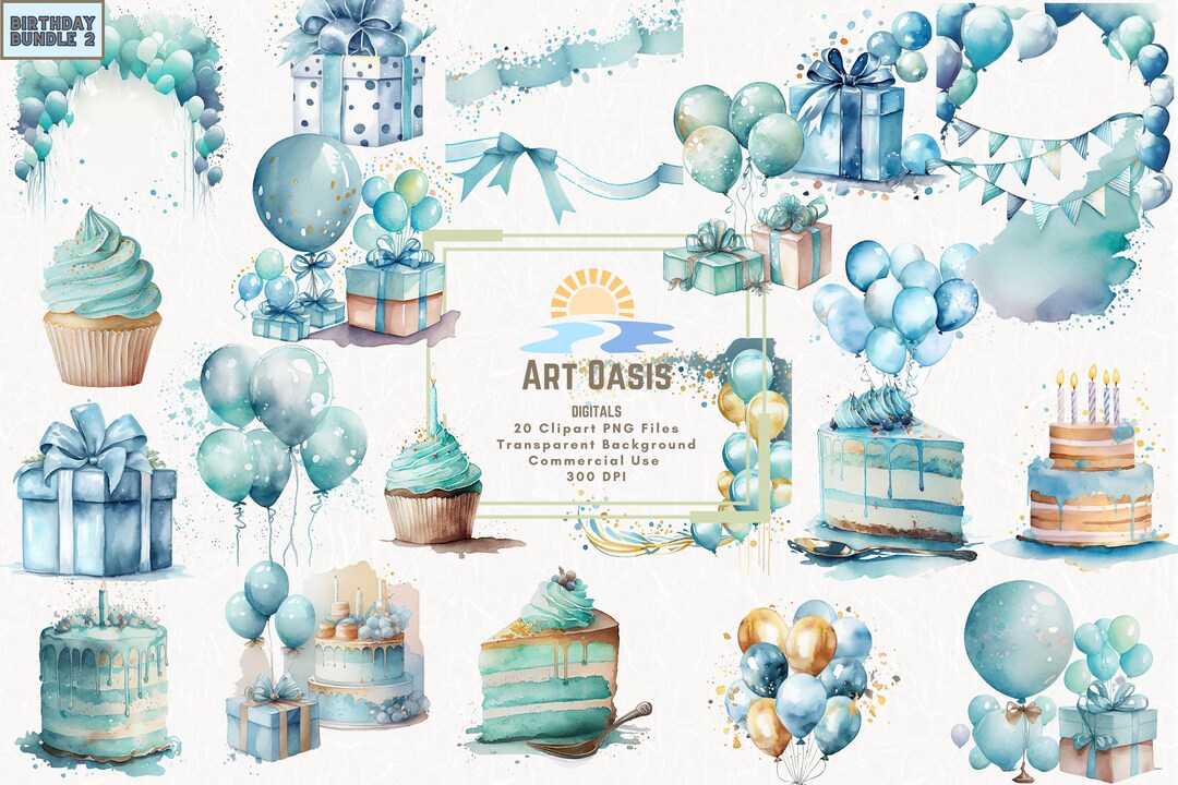 Watercolor Blue Baby Boys Birthday Party Balloons Clipart Bundle of 20 ...