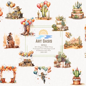 Lot de 20 cliparts aquarelle western fête d'anniversaire cow-boy frontière - téléchargement numérique arrière-plan transparent graphiques PNG - usage commercial