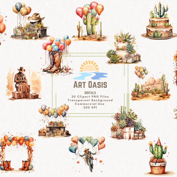 Watercolor Western Birthday Party Cowboy Border Clipart Bundle of 20 - Transparent Background Digital Download PNG Graphics - Commercial Use