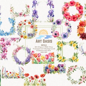 Aquarell bunte Blume Rahmen Blumenrand Clipart Bundle von 20 transparenten Hintergrund Digital Download PNG Grafiken Kommerzielle Nutzung