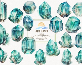 Watercolor Aquamarine Crystal March Birthstone Clipart Bundle of 20 Transparent Background - Digital Download PNG Graphics - Commercial Use