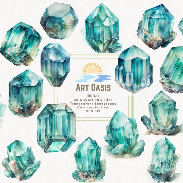 Watercolor Aquamarine Crystal March Birthstone Clipart Bundle of 20 Transparent Background - Digital Download PNG Graphics - Commercial Use