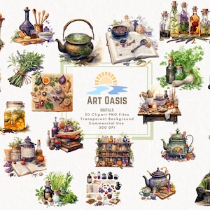 Watercolor Kitchen Witch Dried Herbs Potions Jars Clipart Bundle of 20 - Transparent Background Digital Download PNG Graphics Commercial Use