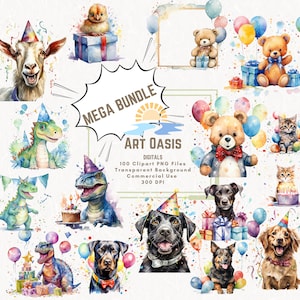 Aquarela Animal Cachorro Gato Festa de Aniversário Clipart Mega Pacote de 100 - Fundo Transparente Download Digital Gráficos PNG - Uso Comercial