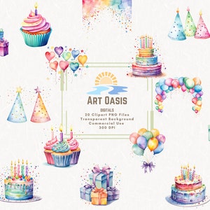 Aquarell Pastell Geburtstag Party Kuchen vorhanden Luftballons Clipart Bundle von 20 - transparenten Hintergrund Digital Download PNG Grafiken