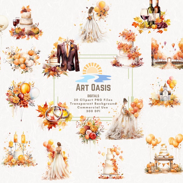 Watercolor Fall Wedding Celebration Leaves Ring Clipart Bundle of 20 - Transparent Background Digital Download PNG Graphics - Commercial Use