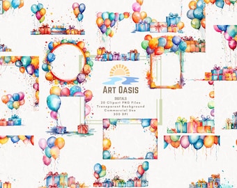 Bordures de fête d&#39;anniversaire aquarelle et cadres Clipart lot de 20 - fond transparent, téléchargement numérique, graphiques PNG - usage commercial