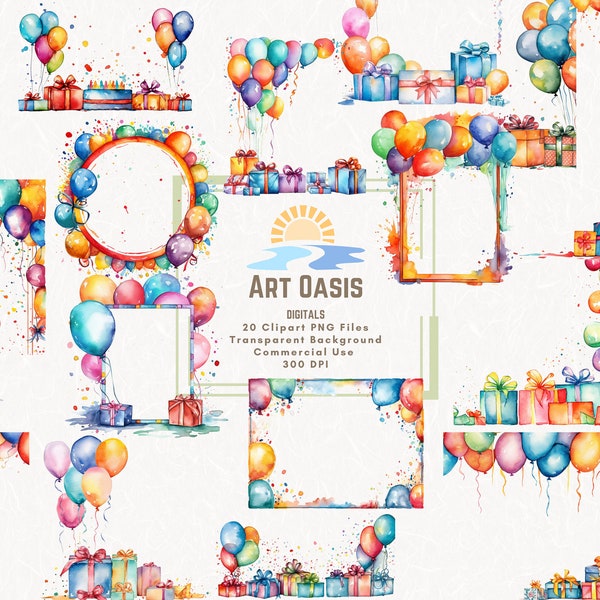 Aquarelle fête d'anniversaire frontières et cadres Clipart Bundle de 20 - fond Transparent téléchargement numérique PNG graphiques - usage Commercial